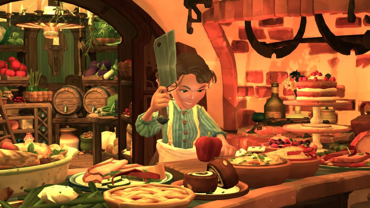 A hobbit chopping ingredients in their kitchen in Tales of the Shire