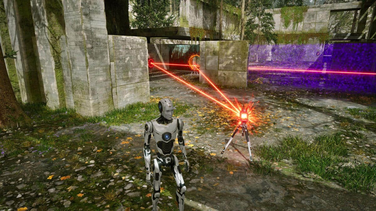 The player character can be seen with several red beams and a transparent gate behind them in The Talos Principle 2 Keeping Connections and Loop Puzzle.