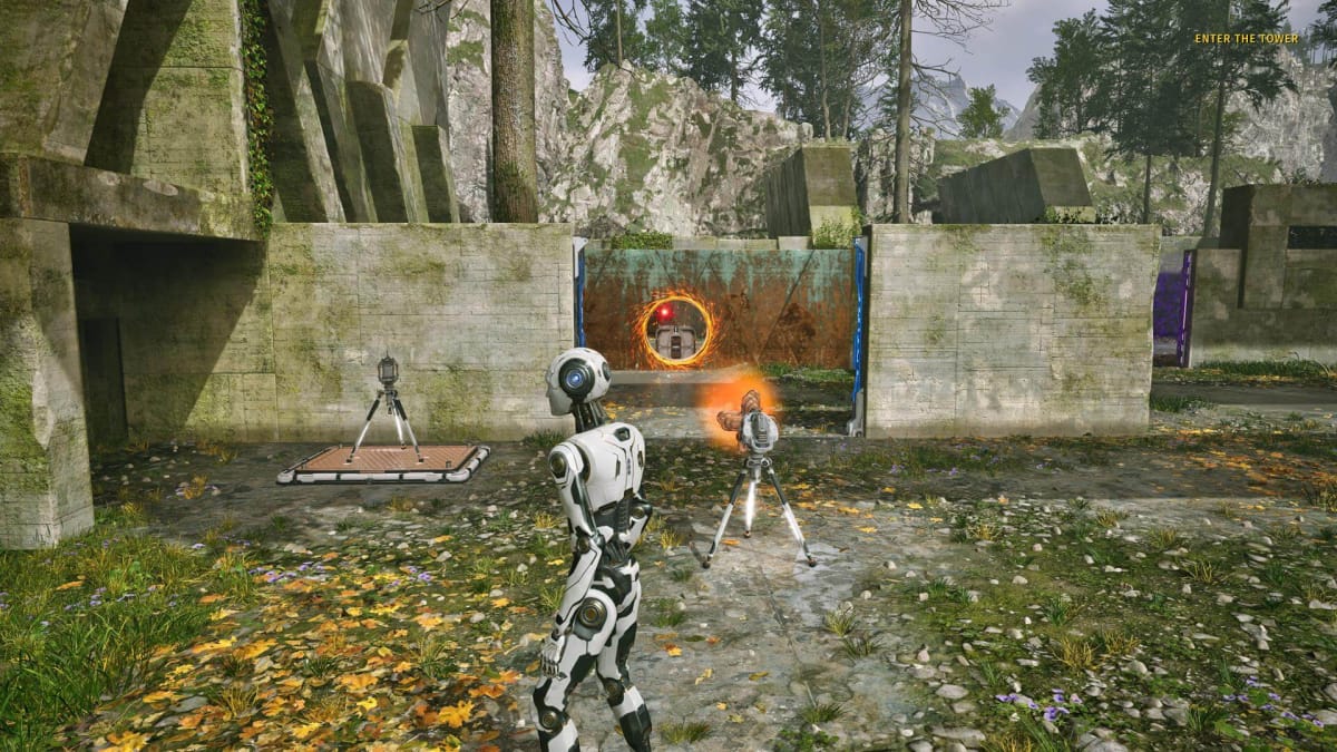 The player stands next to a couple of devices. A hole bored through a wall is seen nearby in The Talos Principle 2 Keeping Connections and Loop Puzzle.