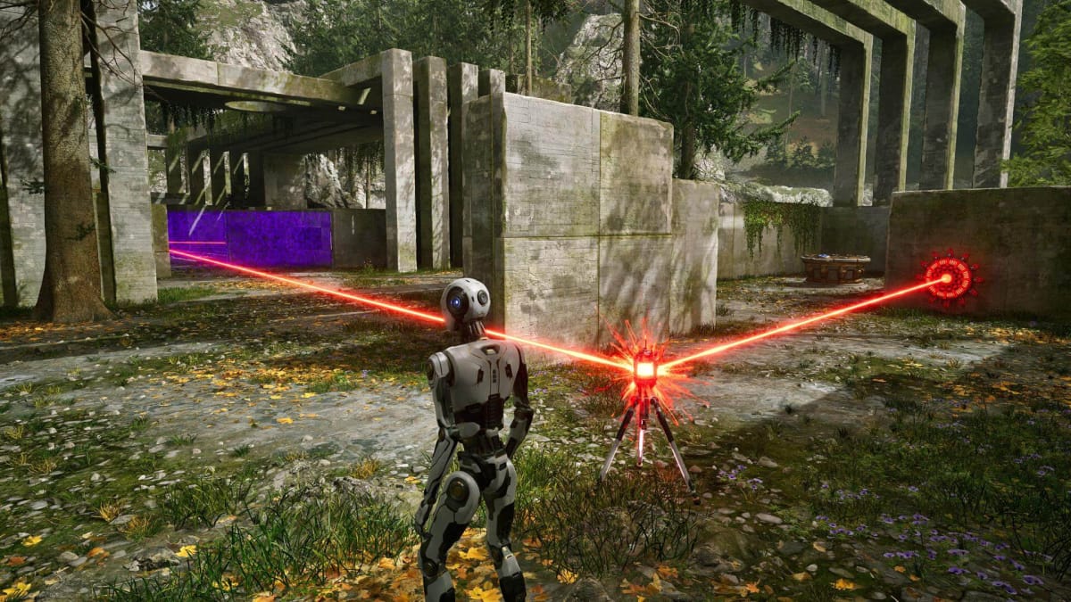 The player looks on as the red beam passes through the transparent gate, all the way to the receiver device at the end in The Talos Principle 2 Keeping Connections and Loop Puzzle.
