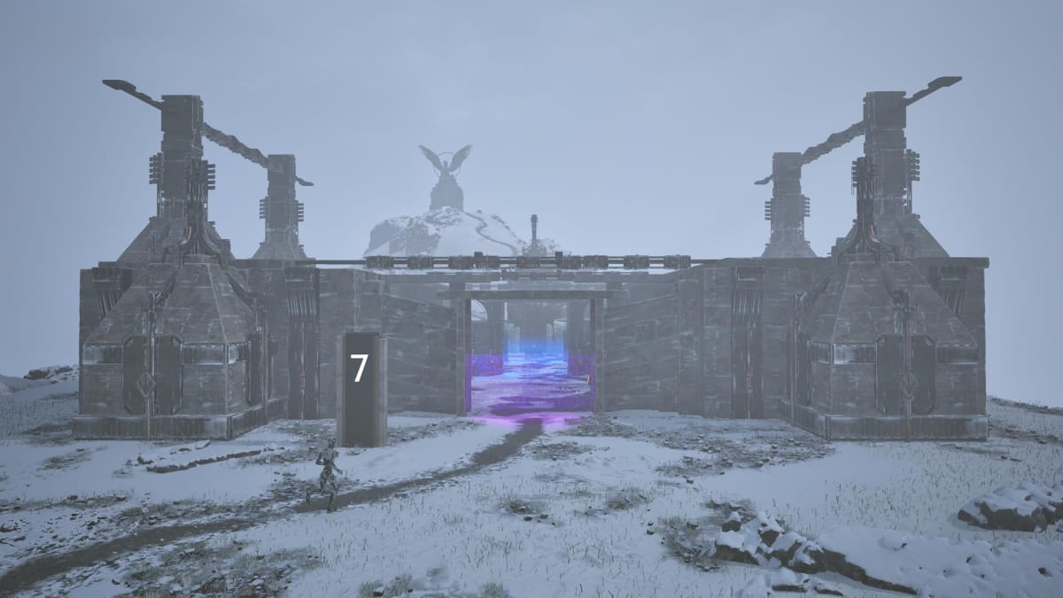 The player approaches a puzzle area in a snowy location. A monument is seen in the distance in The Talos Principle 2.