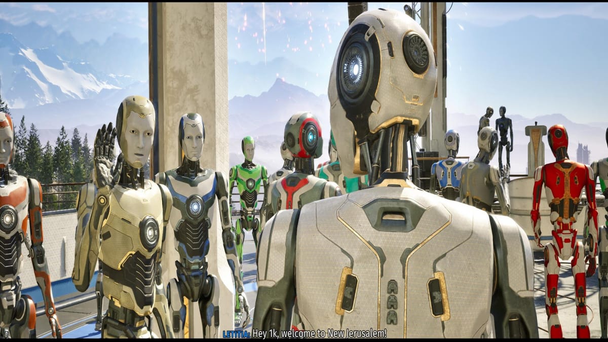 The main character of The Talos Principle 2, 1K, is greeted by the robot citizens of New Jerusalem.