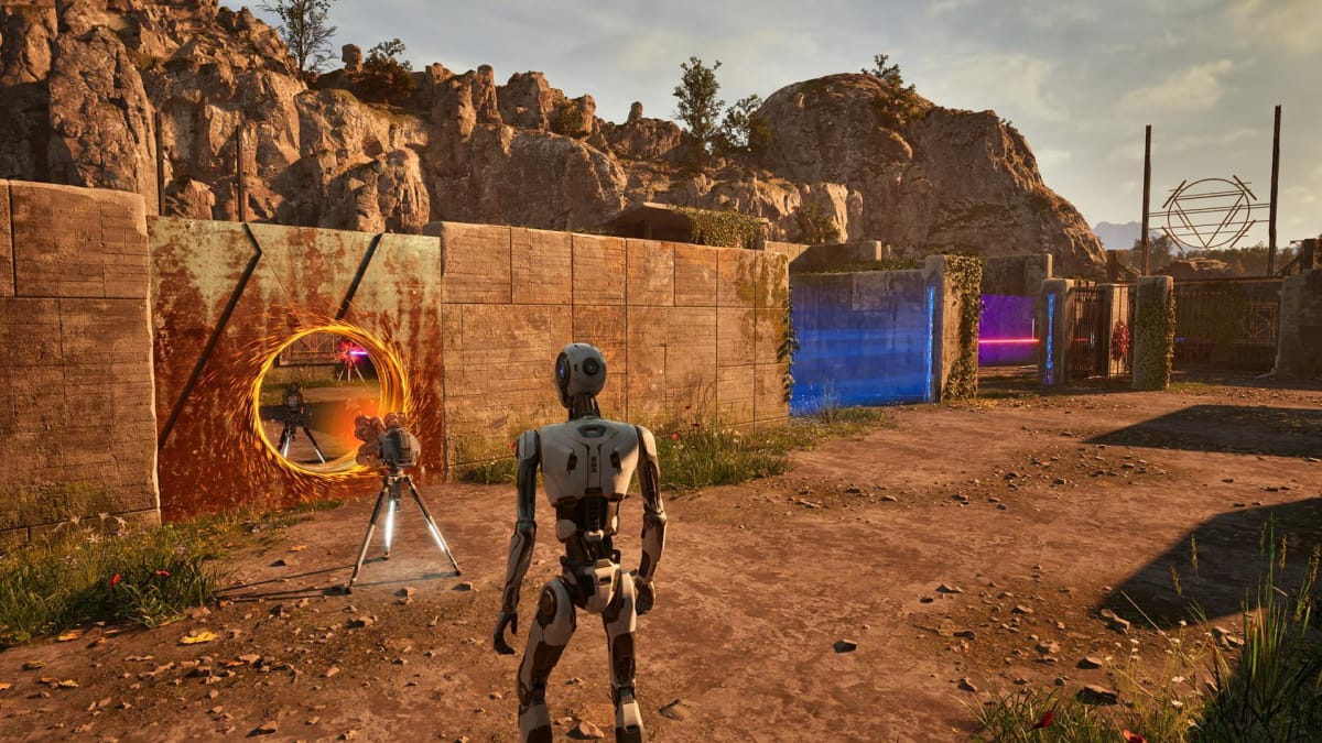 The player looks at a hole created by the Driller device in The Talos Principle 2 for the Transposition Lost Puzzle.