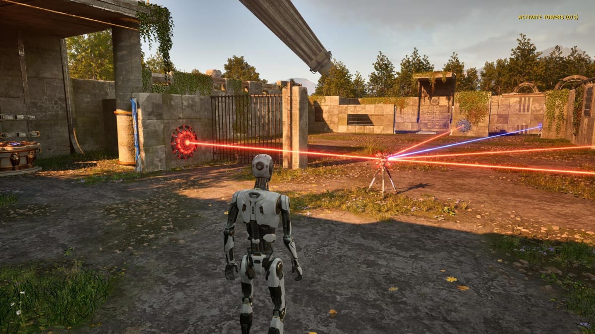 The player looks on as red beams disable the barrier that blocks the way to the terminal in The Talos Principle 2 for the Preconnected Lost Puzzle.
