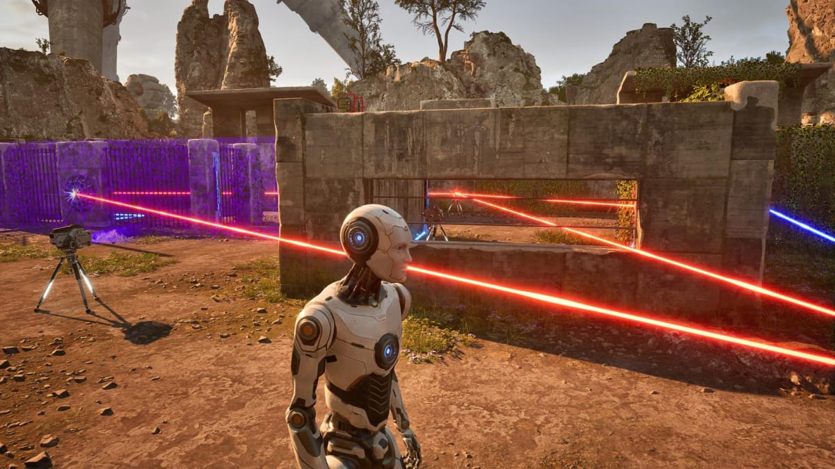The player stands in an area with several beams behind them in The Talos Principle 2 for the Transposition Lost Puzzle.