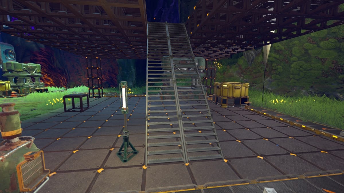 Techtonica Screenshot showing a set of double wide stairs