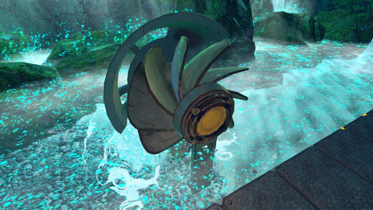 Techtonica Screenshot showing a water wheel submerged in a fast flowing river