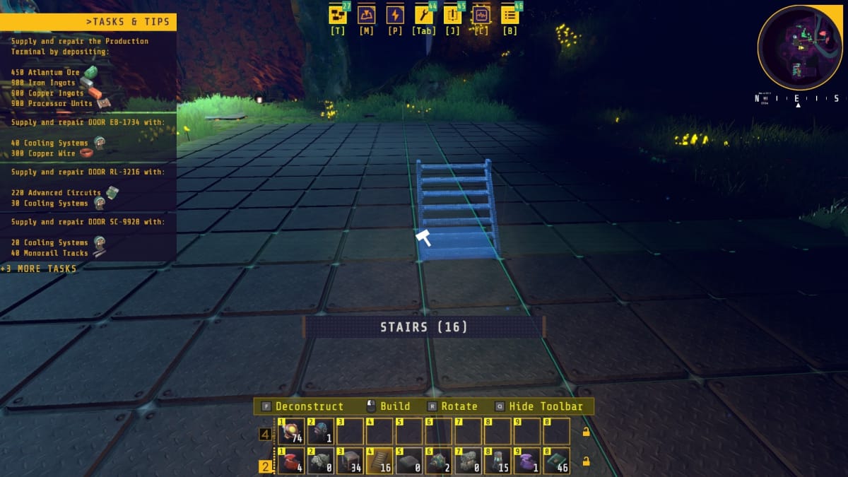 Techtonica screenshot showing the building system in use to create a set of stairs