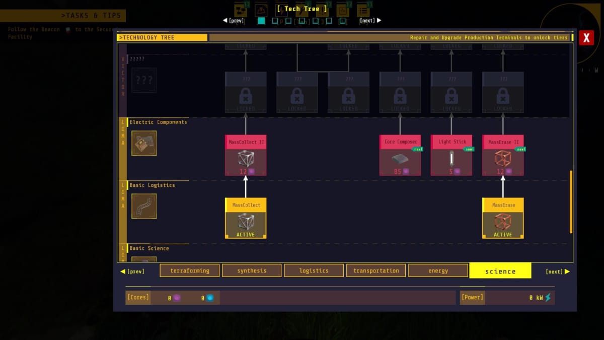 The Tech Tree screen in Techtonica, showing the first 3 tiers unlocked.