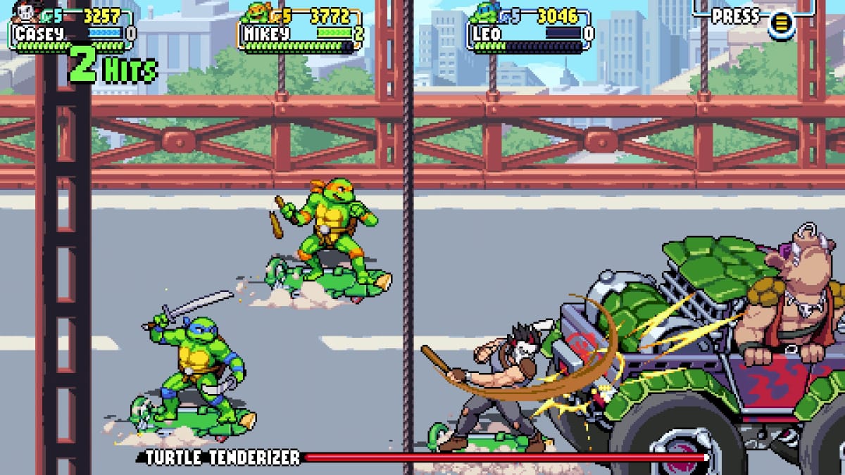 A shot of the Teenage Mutant Ninja Turtles game Shredder's Revenge, in which the Turtles battle a tank known as the Turtle Tenderizer