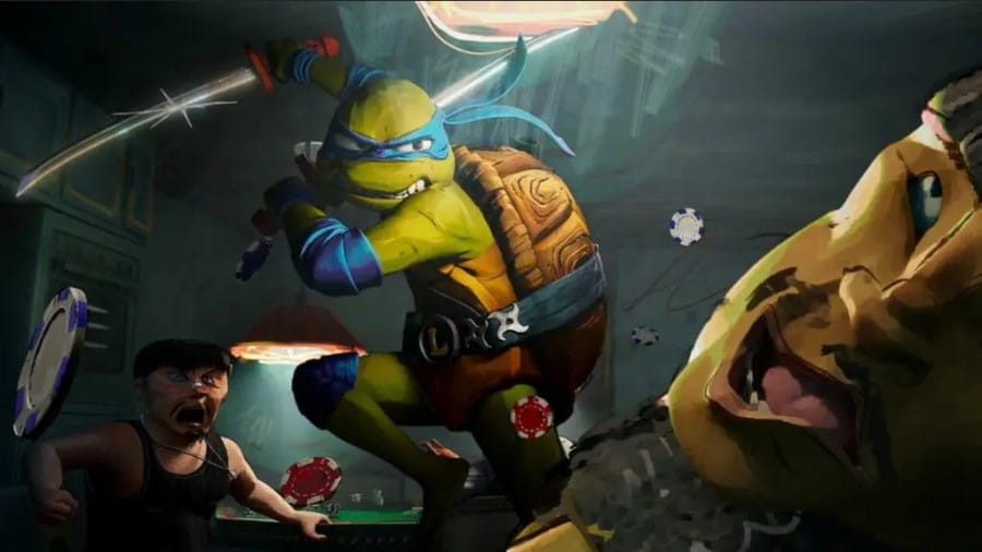 A screenshot from the Teenage Mutant Ninja Turtles Mutant Mayhem feature film showing Leonardo hitting a guy in a gambling den