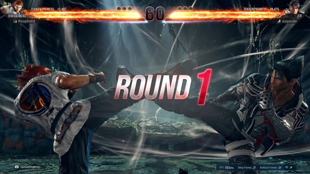 Hwoarang and Jin clash in the center before the start of round 1 in a match of Tekken 8.