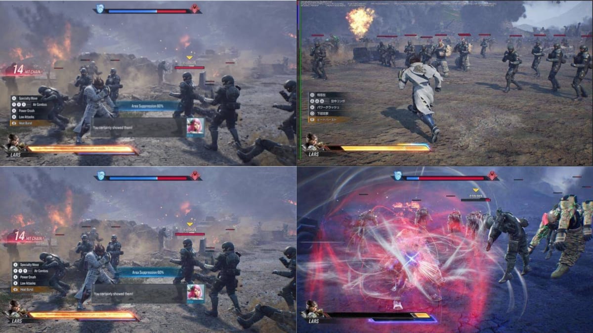 Screenshots of Lars fighting various G Soldier enemies in the supposed Tekken Force mode in the apparent Tekken 8 leaks