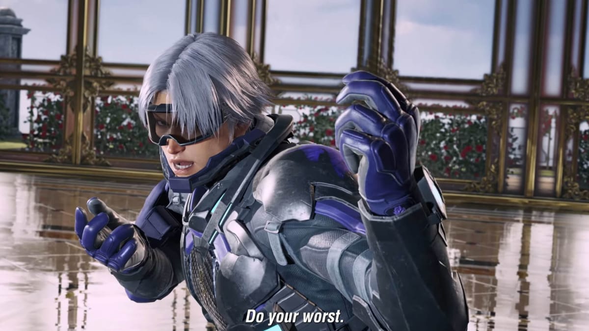 Lee Chaolan extending a taunting hand and saying "do your worst" in the new Tekken 8 trailer