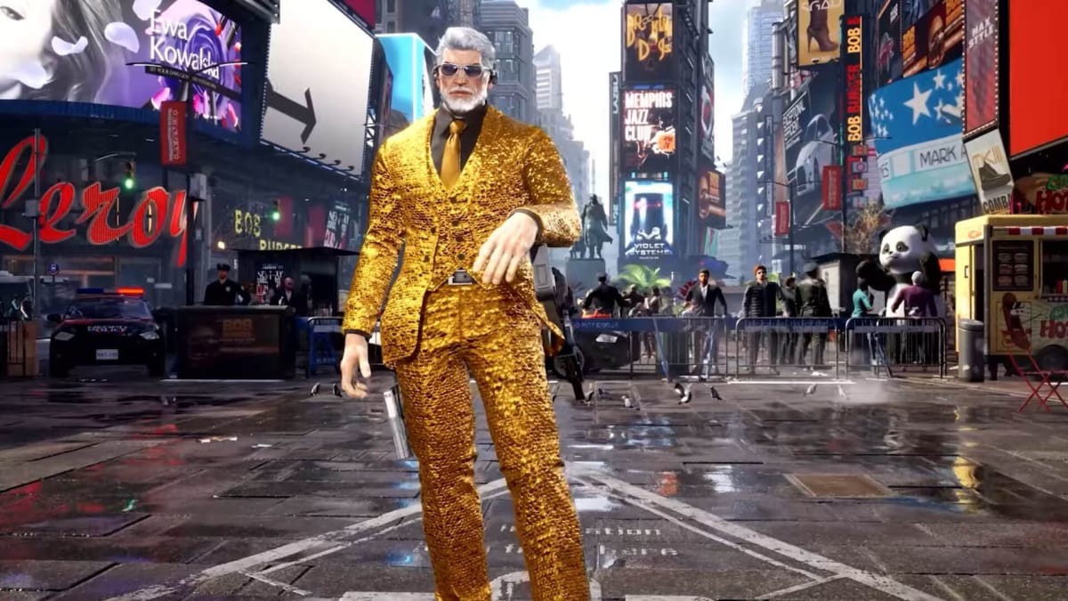 Victor Chevalier posing in a gold suit in Tekken 8