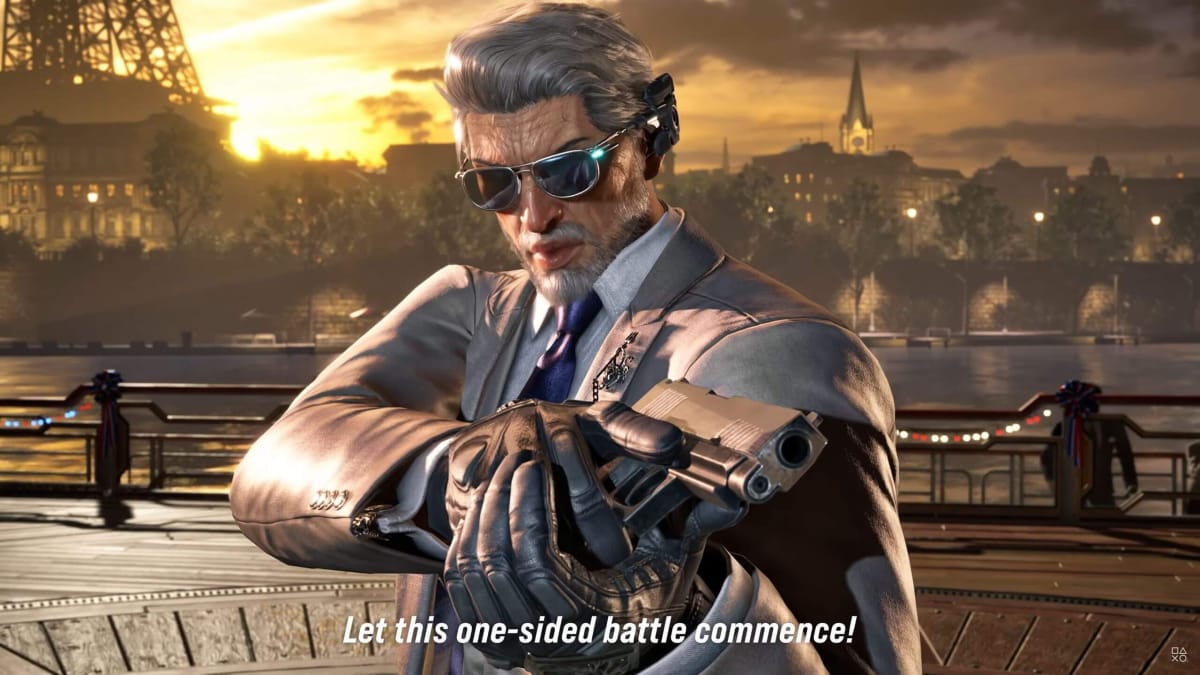 Victor Chevalier pointing a gun off-camera while text at the bottom reads "Let this one-sided battle commence!" in Tekken 8