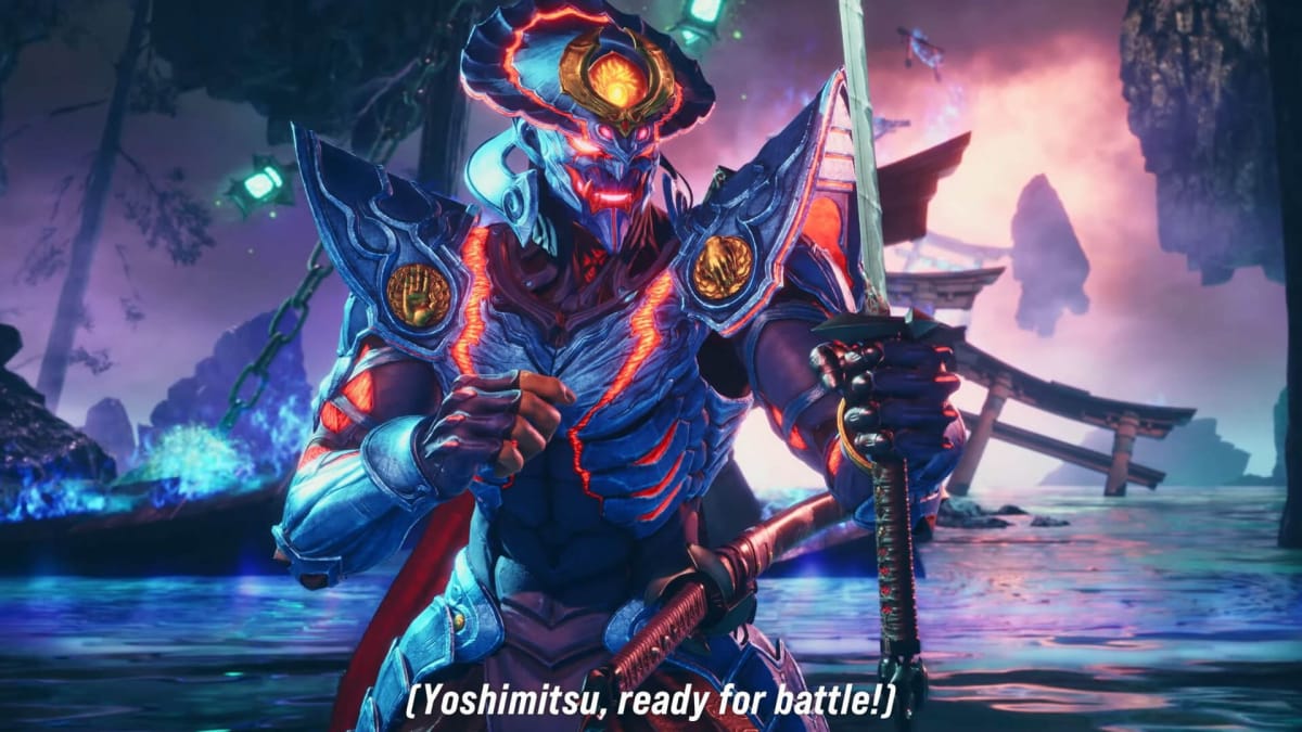 Yoshimitsu in a combat-ready pose with the caption "Yoshimitsu, ready for battle!" in Tekken 8