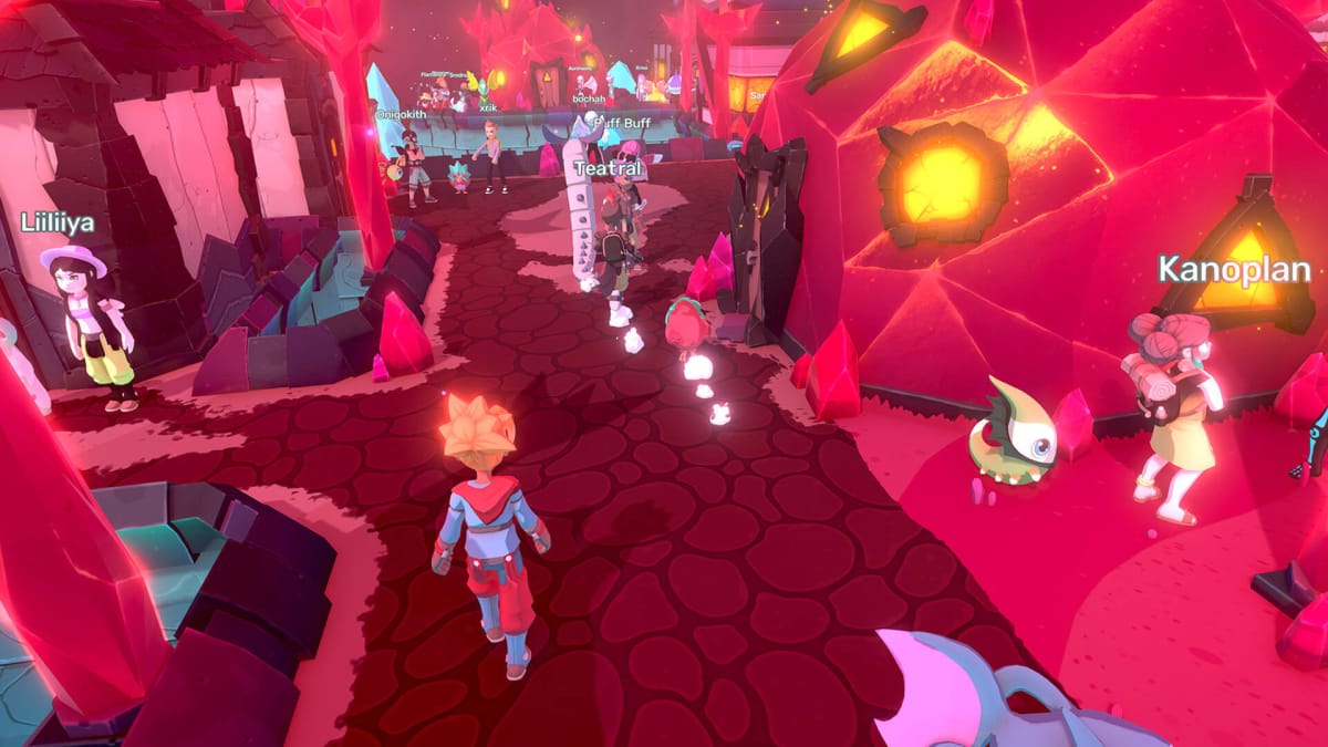 The player exploring an area with lots of other players and Tems in it in Temtem