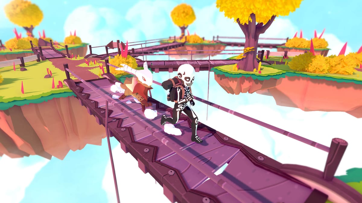 A player in a skeleton outfit running along a bridge with a Tem in tow in Temtem