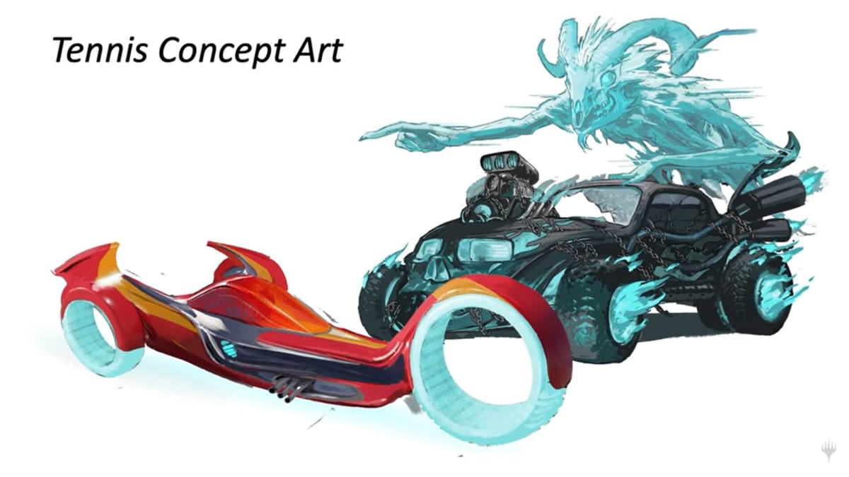 Tennis Concept Art featuring death race vehicles of a deadly tri-wheeled car and a spirit possessed super car