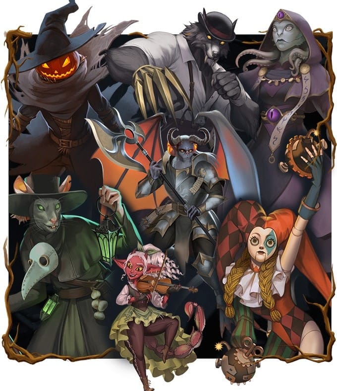 Artwork from The Crooked Moon, showcasing several playable races including pumpkinheaded scarecrows, puppets, clowns, and ratpeople