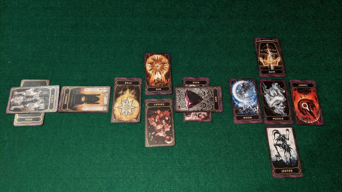 The Deck of Many Things being used in an Adventure Spread as well as an Oracle Deck
