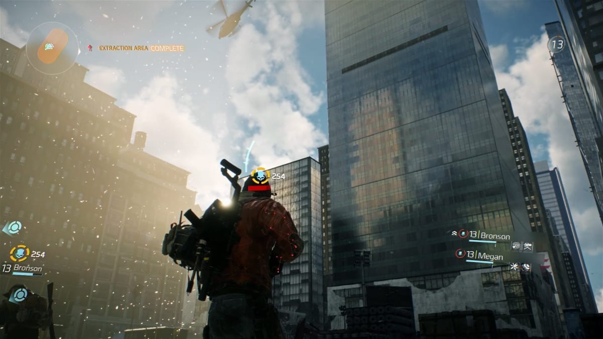 A player can be seen looking at a skyscraper
