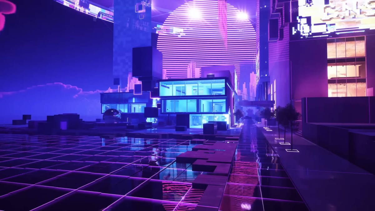 A shot of the new The Finals Season 2 map Horizon, which has an 80s neon-inspired aesthetic