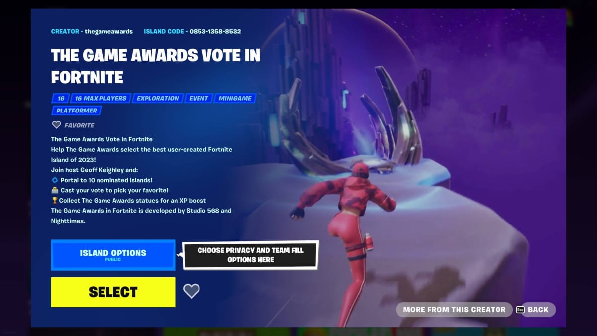 The Fortnite Island for The Game Awards in the game's UI