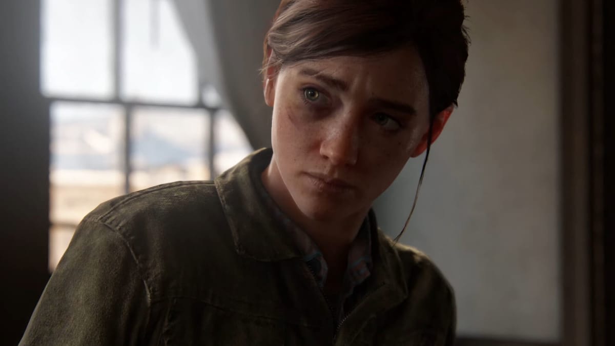 Ellie looking inquisitive in The Last of Us Part II, a game that prominently features LGBTQ+ characters