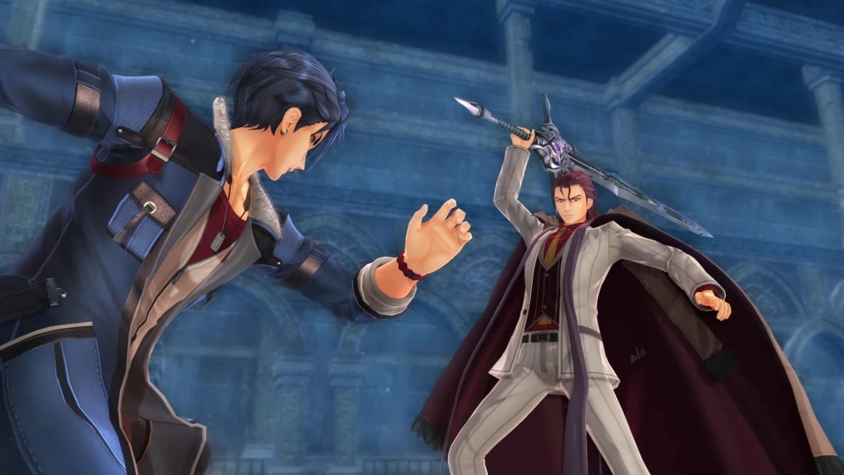 Van Arkride and Gerard Dantes engaged in a swordfight in The Legend of Heroes: Trails through Daybreak