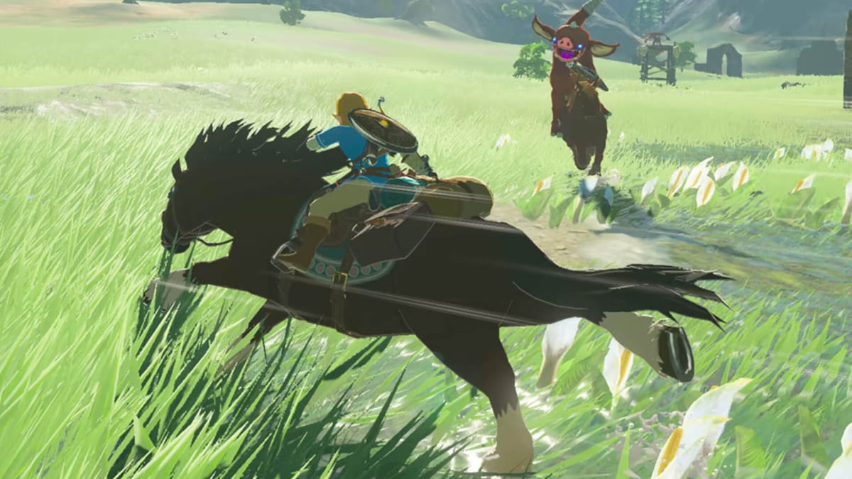 Link fighting a Bokoblin atop a horse in The Legend of Zelda: Breath of the Wild