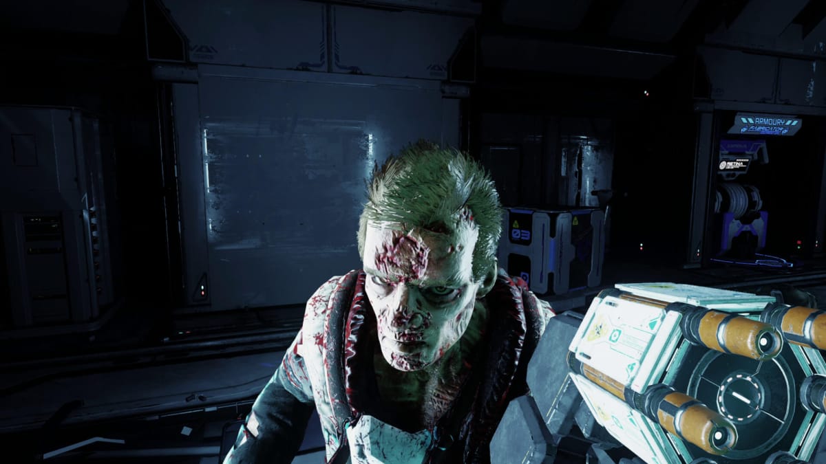 The player aiming a weapon at a green-haired humanoid enemy in The Persistence, developed by the PlayStation-owned Firesprite Games