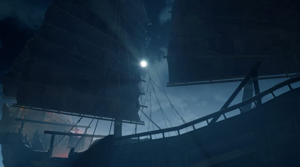 『海賊女王: 忘れられた伝説』の月明かりに照らされた海賊船 