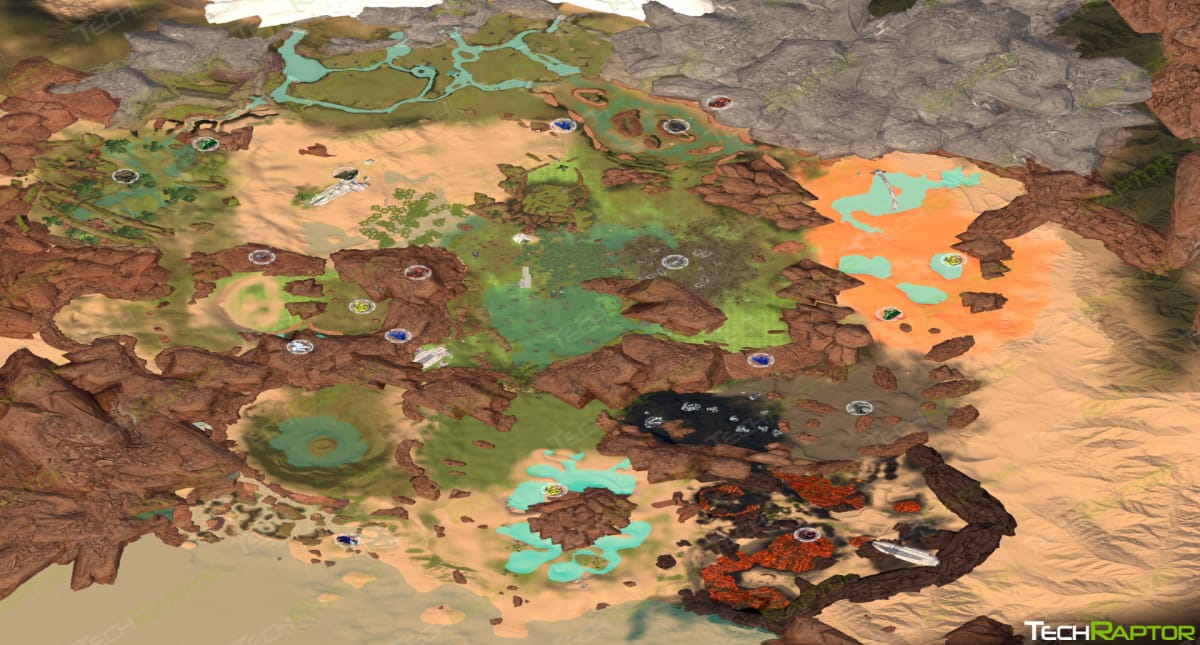 The Planet Crafter Map after terraforming with a large player base in the center