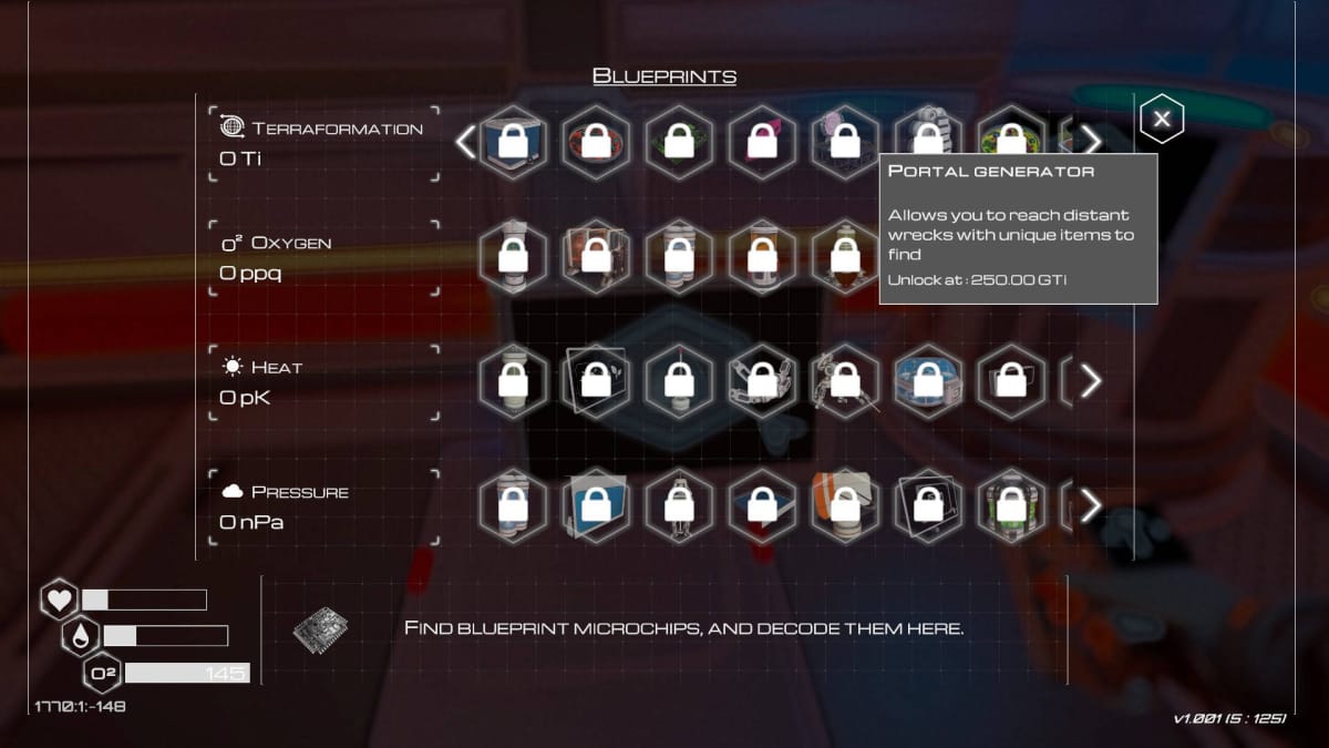 The Screen - Blueprints interface showing how to unlock the Portal Generator