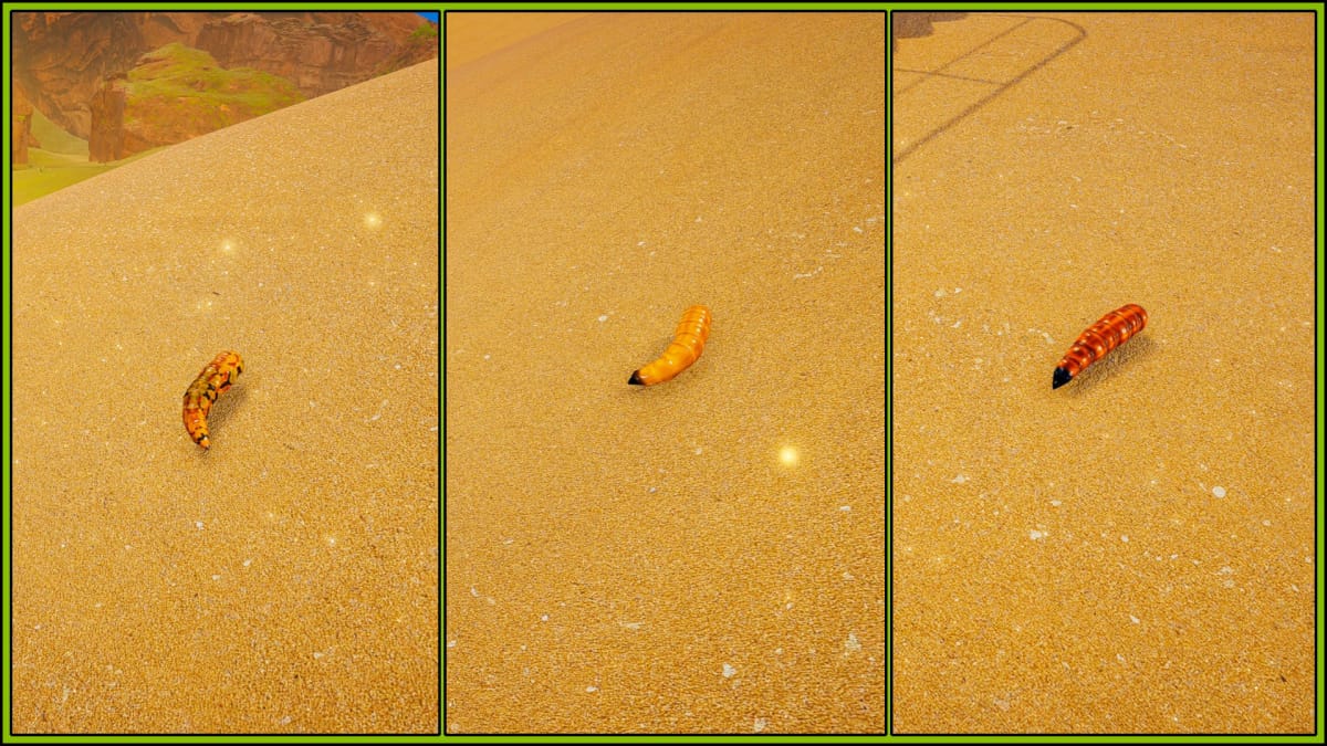 A Common Larva, Uncommon Larva, and Rare Larva on sand in The Planet Crafter