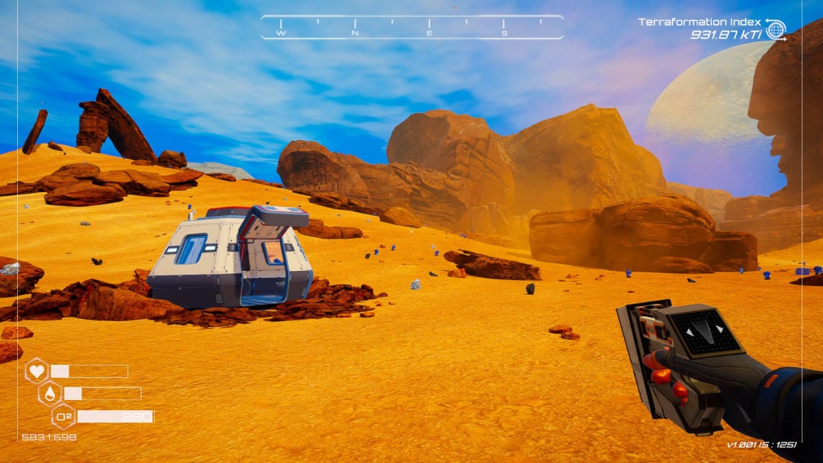 The default starting area in The Planet Crafter showing a crashed drop pod on some rocks and sand