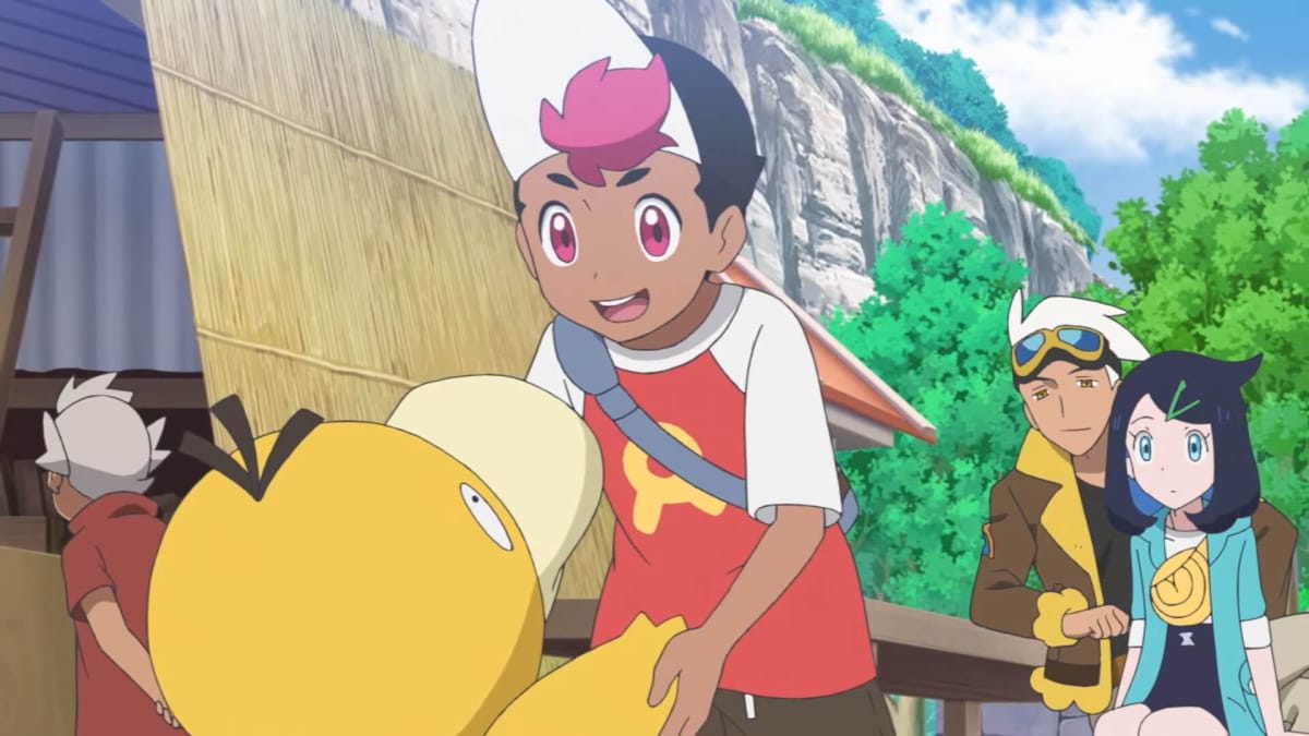 A character hugging a Psyduck in the new Pokemon animated series, in a shot representing The Pokemon Company's donation to earthquake relief