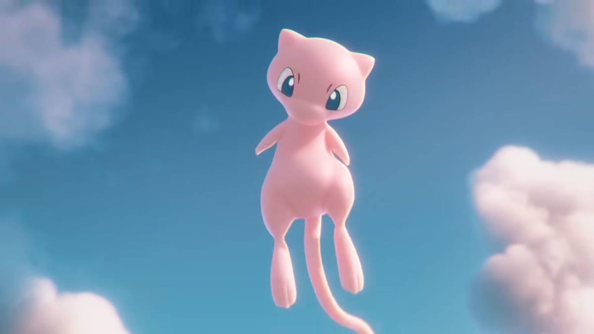 Mew floating in the clouds in a trailer for a set of Pokemon cards