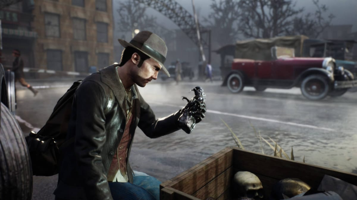 The protagonist of The Sinking City holding up a concerning piece of evidence