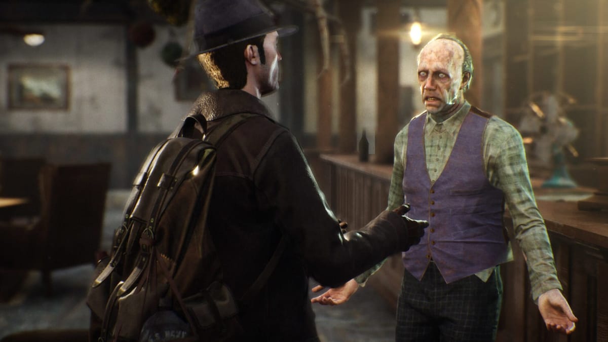 Reed talking to a rather monstrous-looking citizen in The Sinking City
