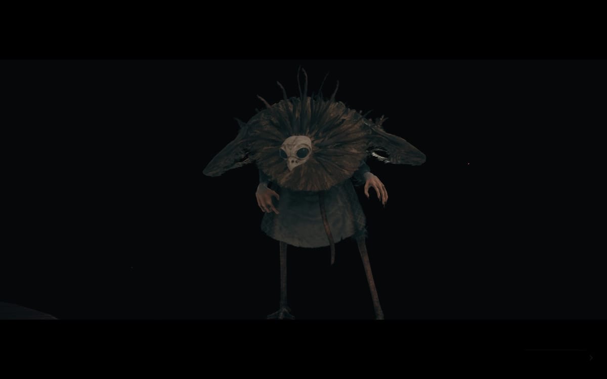 The Thaumaturge screenshot showing a bird skull demon with spindly legs standing in a void