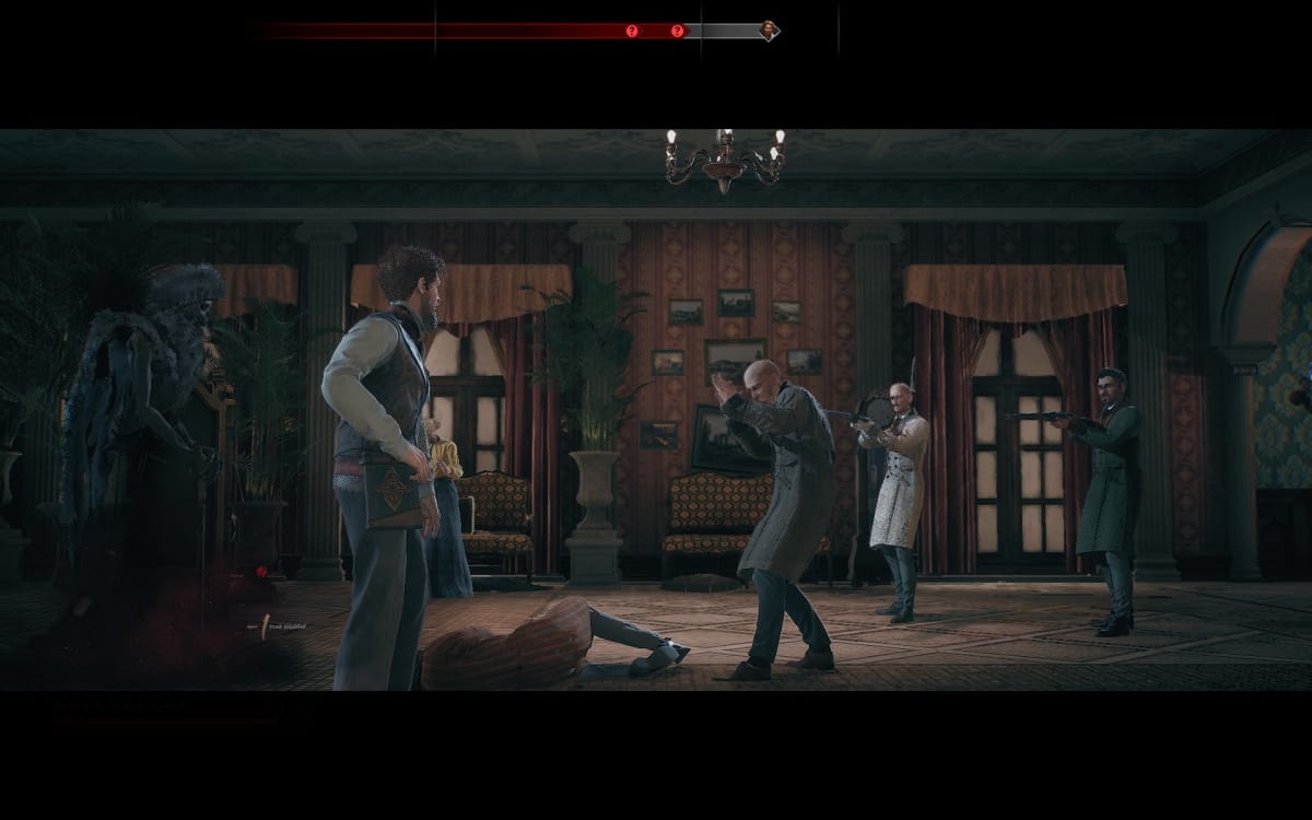 The Thaumaturge screenshot showing a man with a demon at his side as he squares up to fight a group of three other men