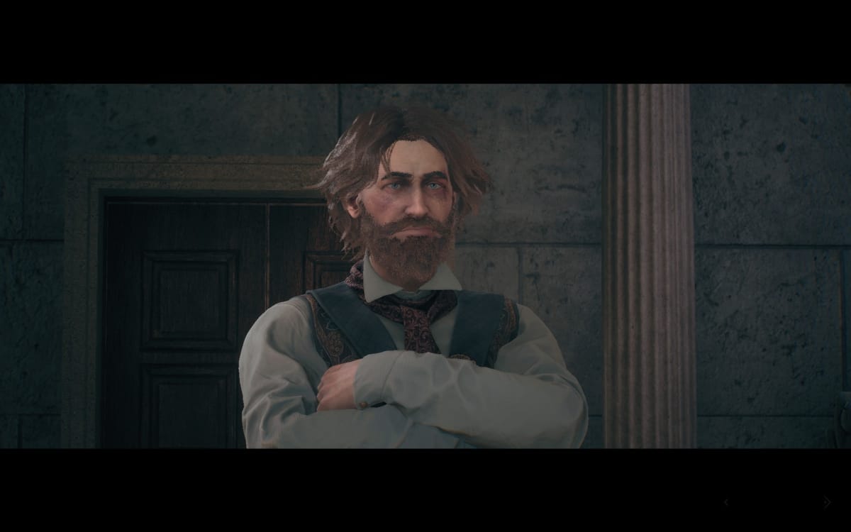 The Thaumaturge screenshot showing a scruffy and unkempt man with his arms crossed in front of a door
