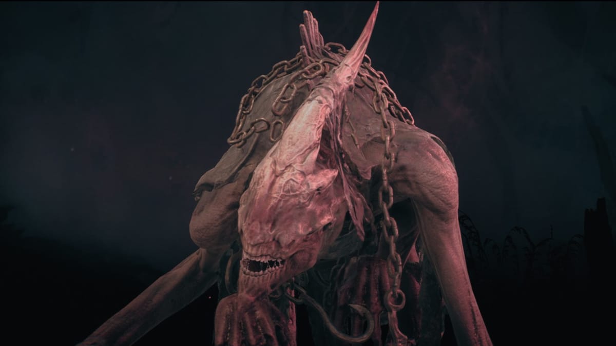 The Thaumaturge screenshot showing an eyeless demon crouching in rags in a void