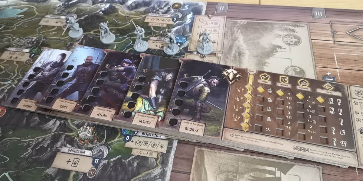 An image from our The Witcher Old World Review depicting The Witcher: Old World player boards and Witcher miniatures.
