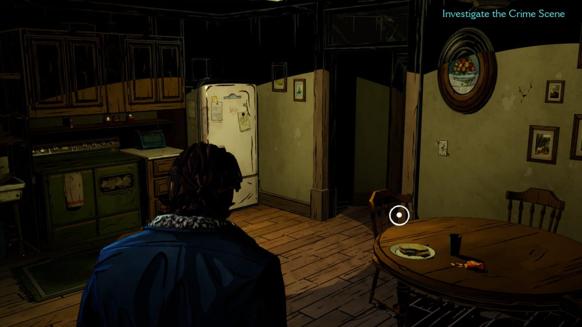 Bigby bada miejsce zbrodni, które wygląda na mieszkanie, w grze The Wolf Among Us 2