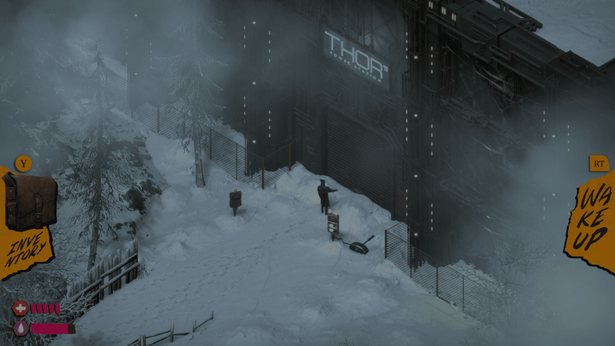 An in-game screenshot of The Bookwalker: Thief of Tales, showcasing the main character standing in front of a large steel gate with snow falling around them.
