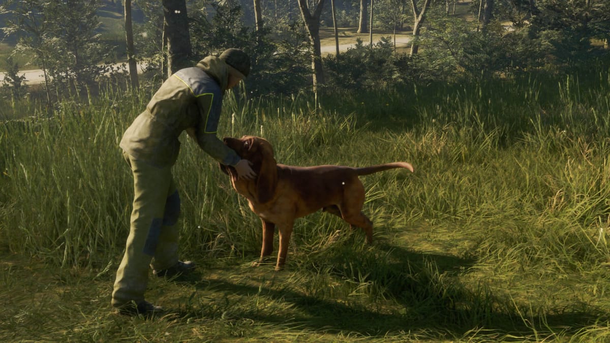 A hunter petting its bloodhound companion in theHunter: Call of the Wild